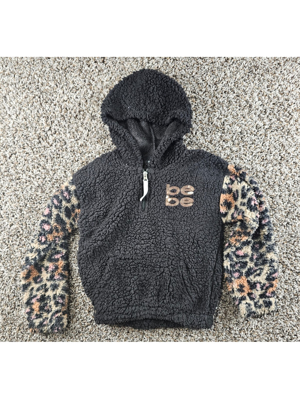 Bebe Girls Sz 5/6 black cheetah print sherpa half-zip hoodie
